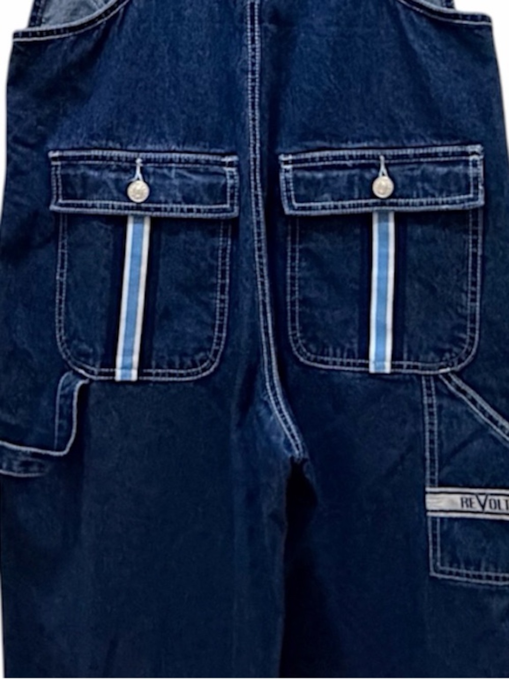 Revolt Clothing Co vintage Denim Jean Overalls Medium 90s Y2K Striped Straps - Picture 6 of 10